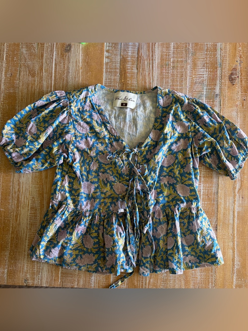 Fox & Hen Floral Tie Front Peplum Blouse Blue Pink Boho Cottagecore Top Medium